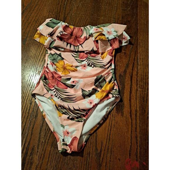 Medium Kona Sol Strapless Ruffle Floral One Piece Padded Swimsuit Bathing Suit - Picture 1 of 5